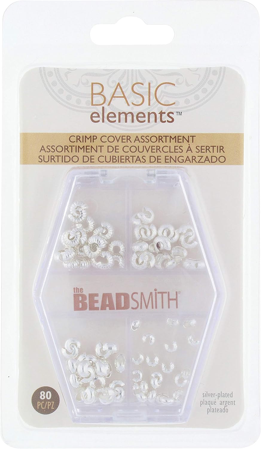The Beadsmith Basic Elements Crimp Bead Covers for Hiding Crimped Beads and Preventing Snagging Jewelry on Fabric, Assorted Sizes, Silver Color