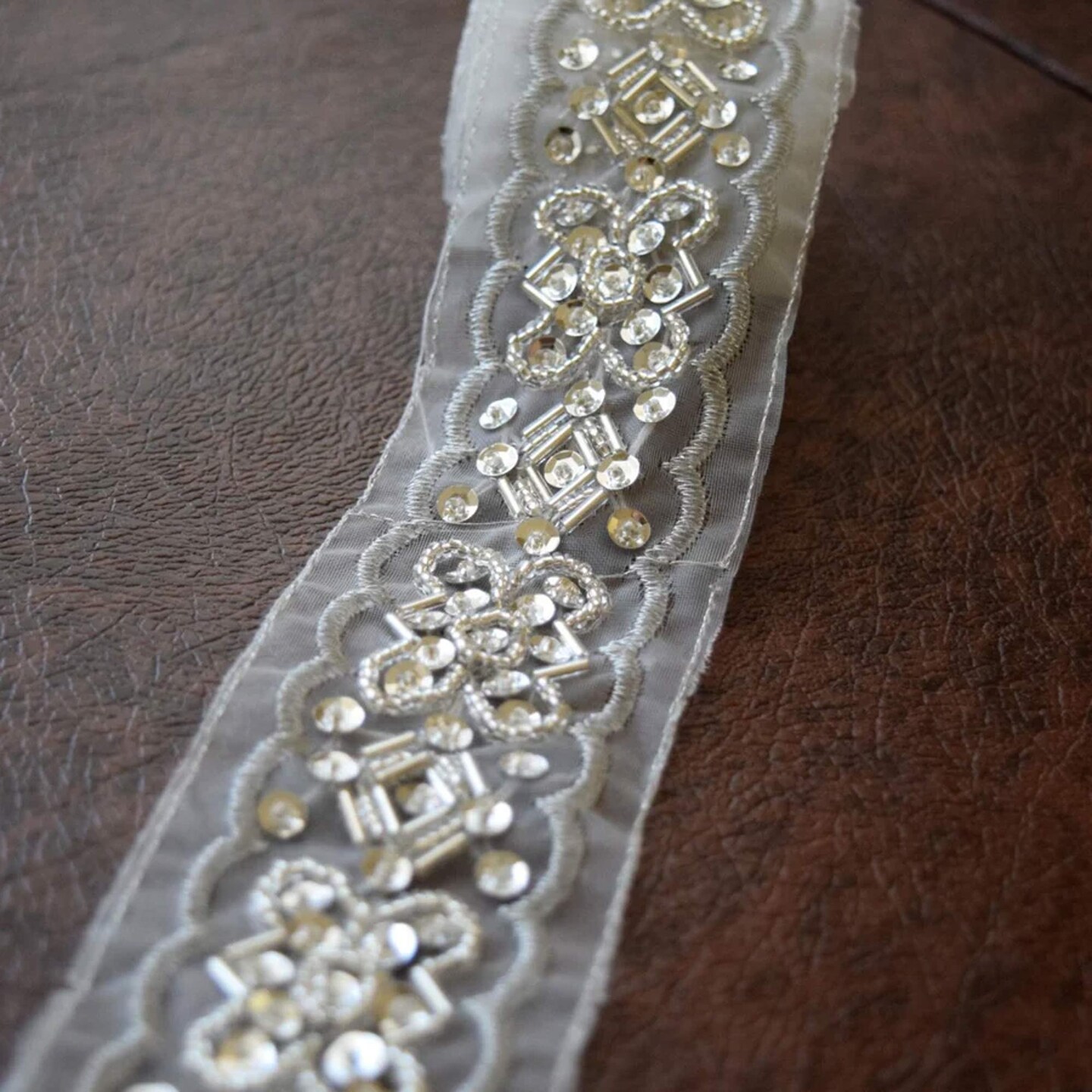 1 Yard 2 Inch Width Silver Beaded Sequined Sheer Organza Lace Trim
