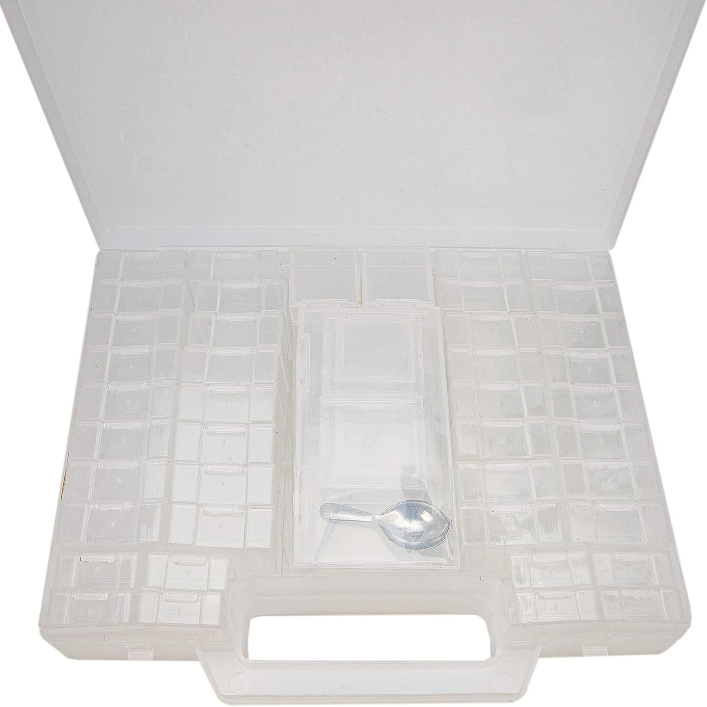 The Beadsmith Bead Organizer Carrying Case, 55 piece set, with removable compartments in assorted sizes, a carrying case, plus a bead scoop and tweezer.