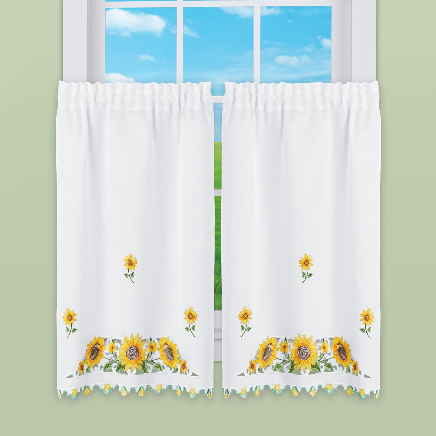 Collections Etc Pretty Sunflower Embroidered Café Kitchen Curtains