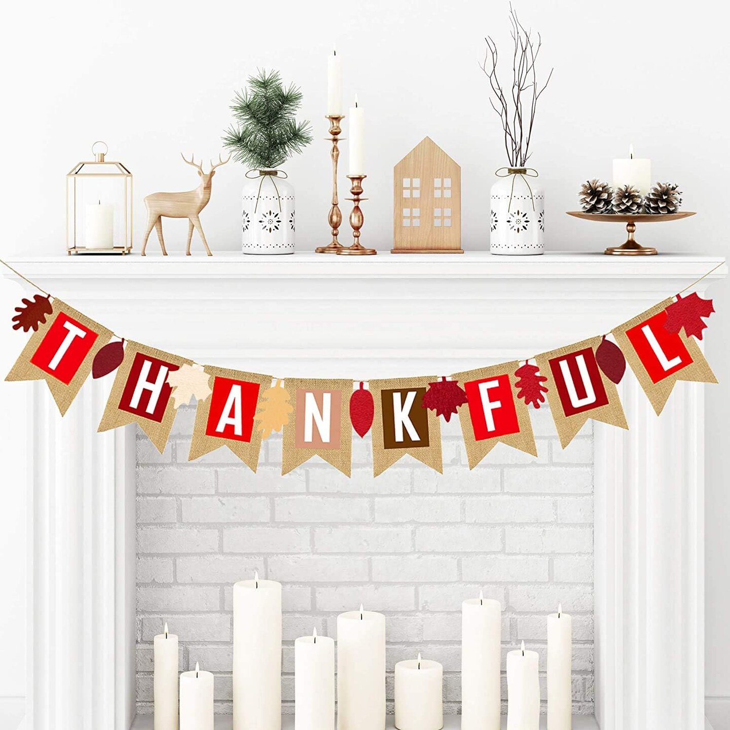 Thankful Burlap Banner Fall Autumn Maple Leaves Rustic Burlap