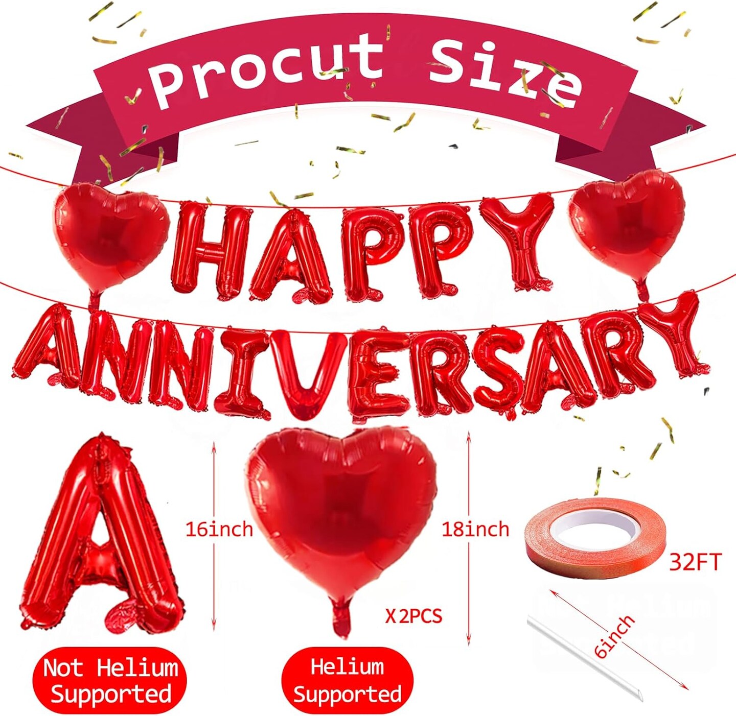 16" Red HAPPY ANNIVERSARY Letter Balloons with 18" Heart-Shaped Foil Balloons (Red)