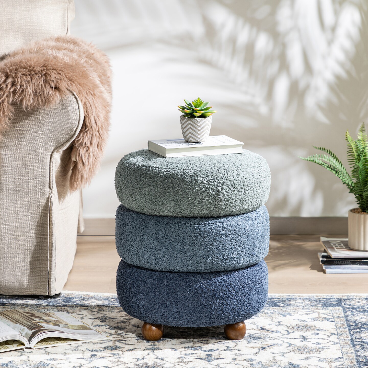 Modern Gradient Upholstered Storage Ottoman or Accent Stool with Rubberwood Ball Feet