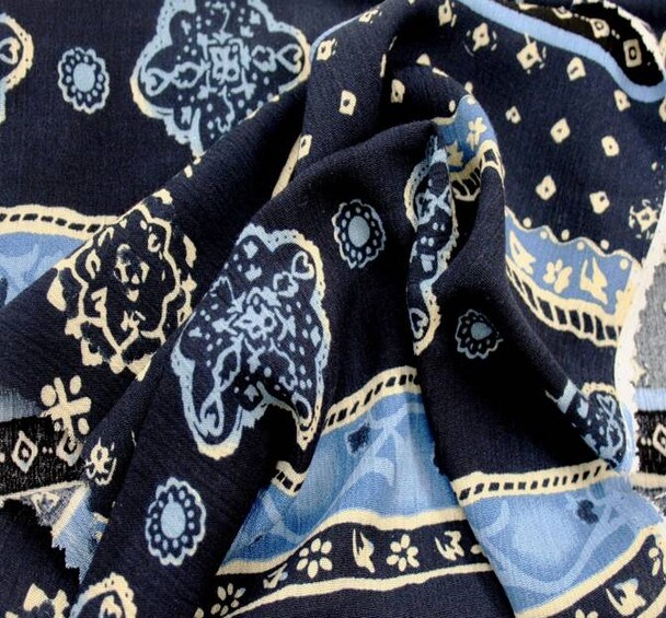 1 Yard Navy & Ivory Rayon Crinkle Fabric 52/54" Wide Lightweight Apparel Material