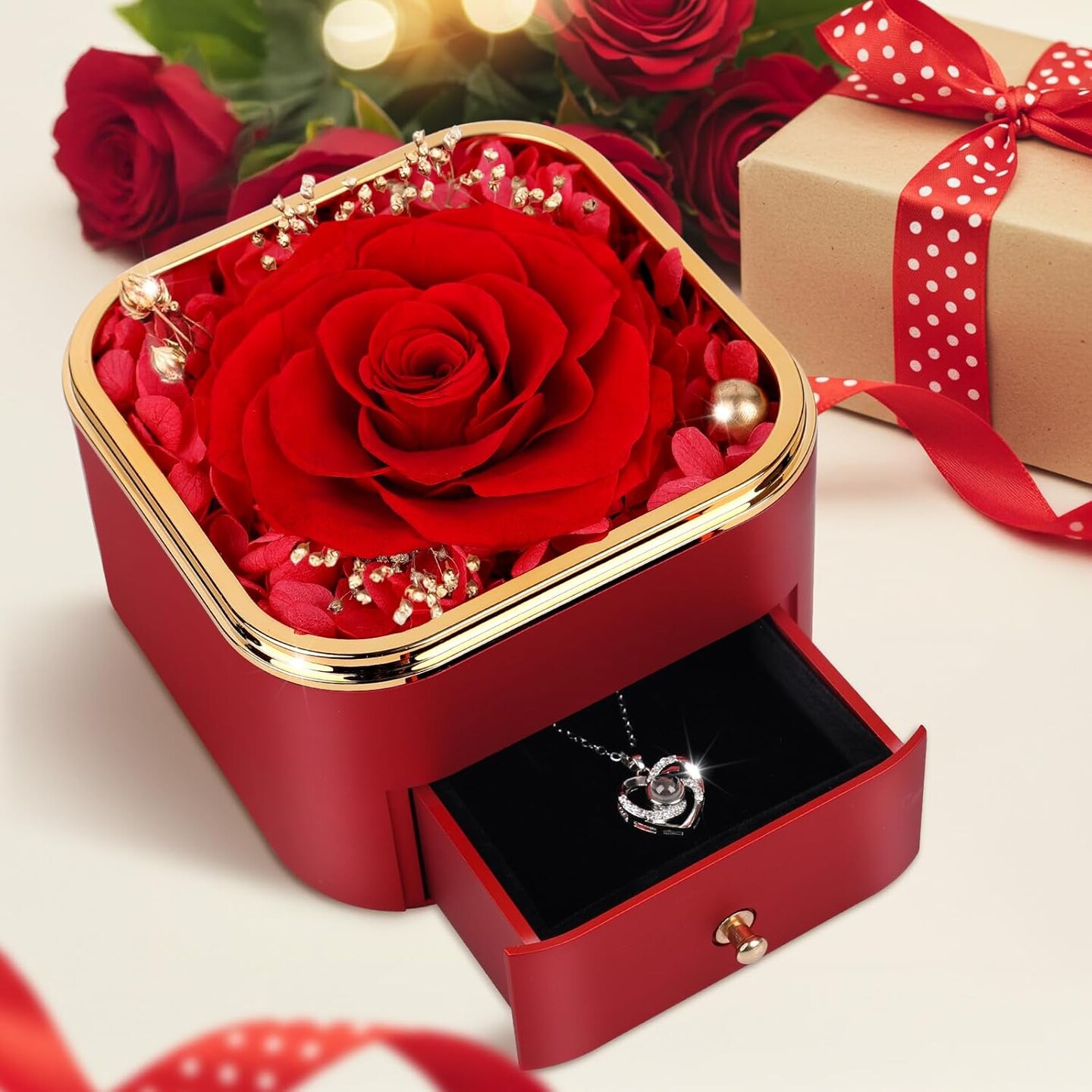 Preserved Red Real Rose with Necklace