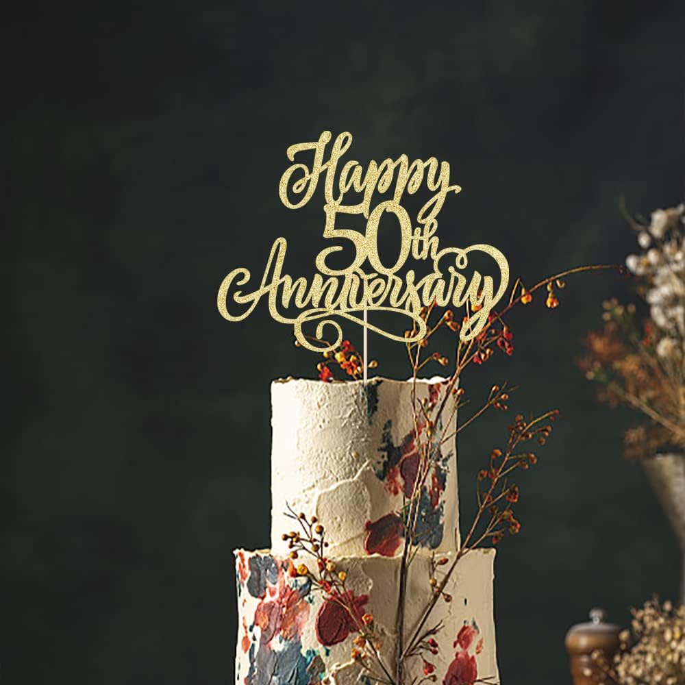 Happy 50th Anniversary Cake Topper - (Gold Glitter) 5"W x 6"H