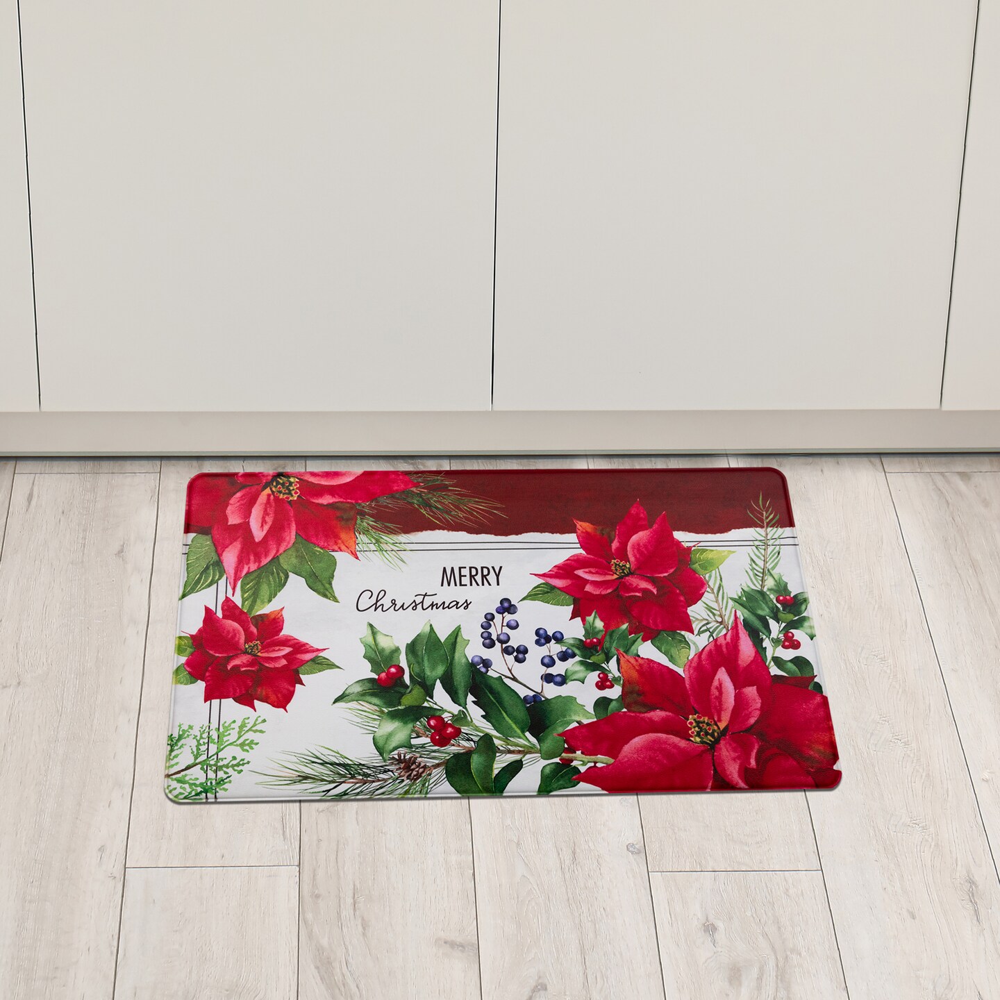 Northlight Poinsettia Merry Christmas Kitchen Comfort Anti-Fatigue Floor Mat- 17.75&#x22; x 29.5&#x22;
