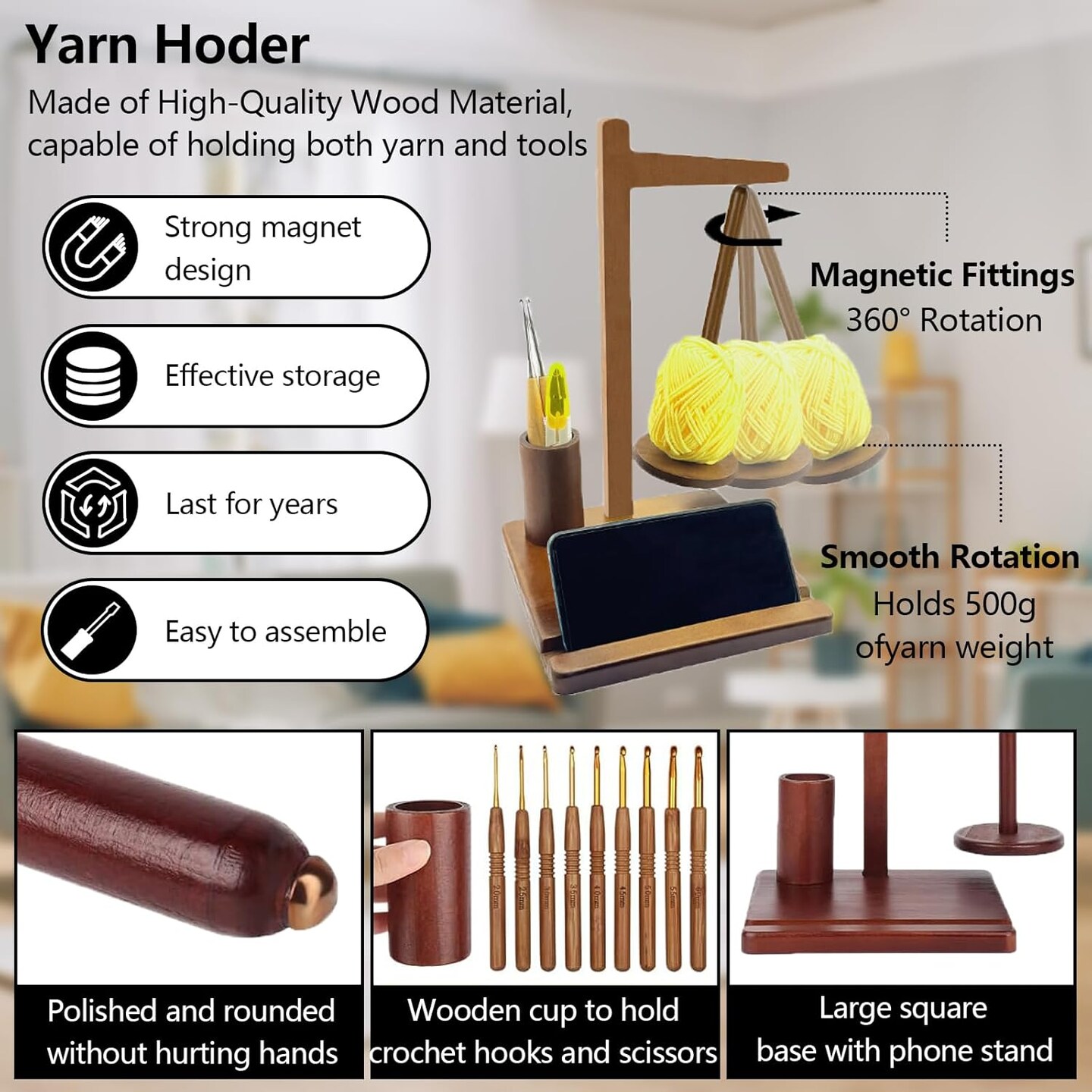 Wooden Yarn Holder for Crocheting Knitting