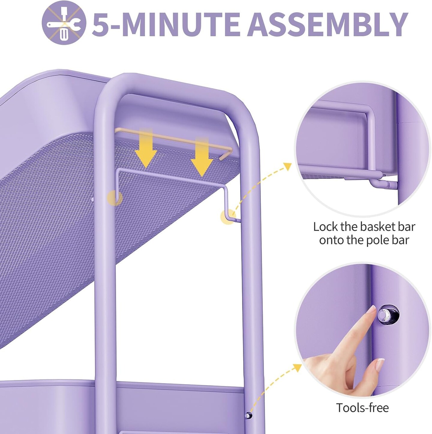 3 Tier Rolling Cart Storage Organizer - Purple