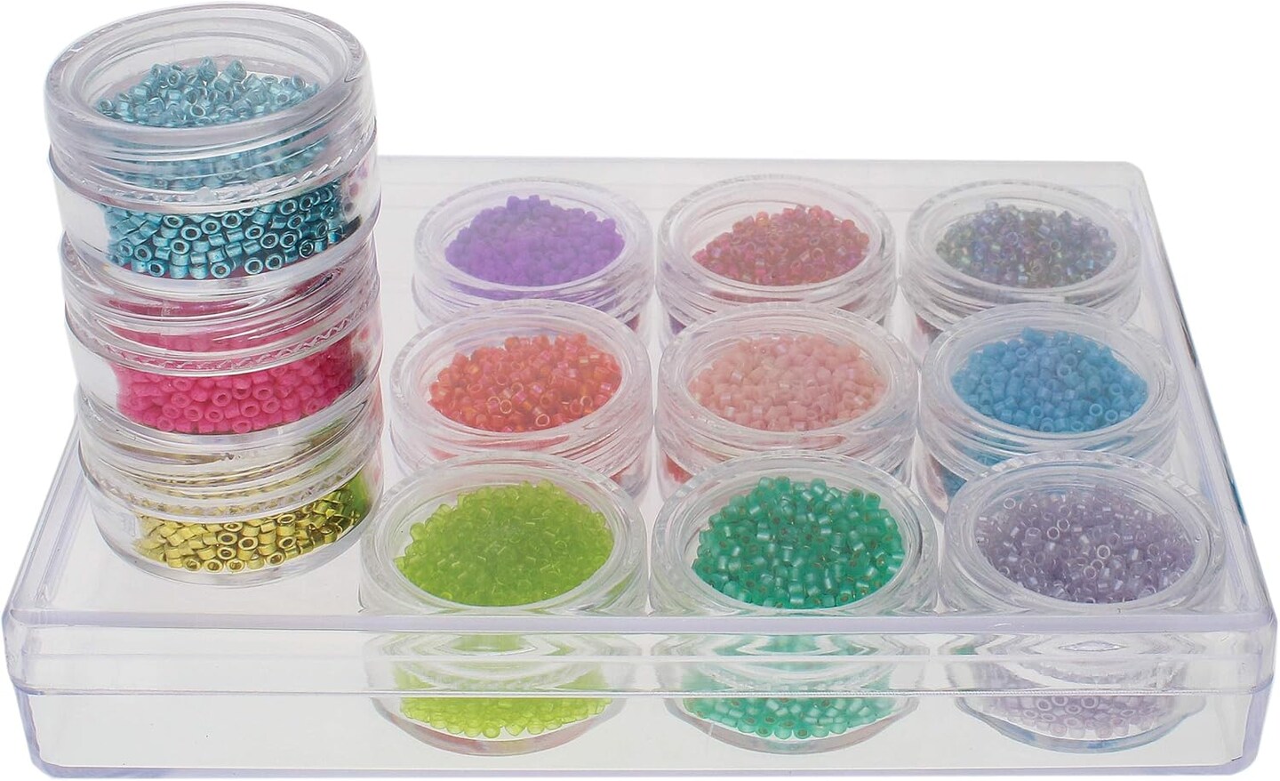 The Beadsmith Personality Case - Clear Storage Organizer Box, 5 x 3.75 x 0.9 inches - Includes 12 Small Containers with lids - 1.2 x 0.7 inches, Bead Holder