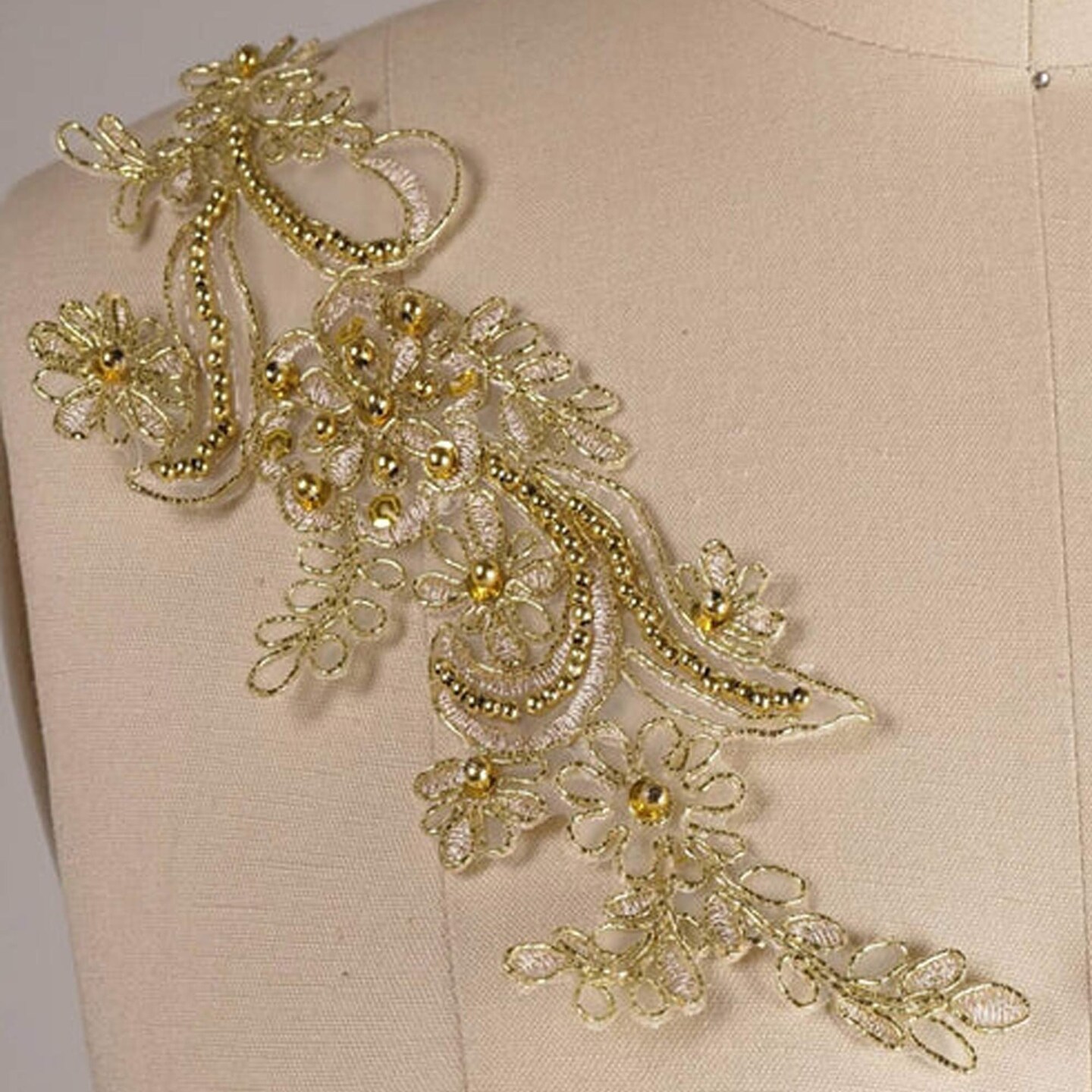 2 Piece Gold Beaded Lace Patch Applique 9 Inch Symmetrical Alencon for Costumes and Gowns