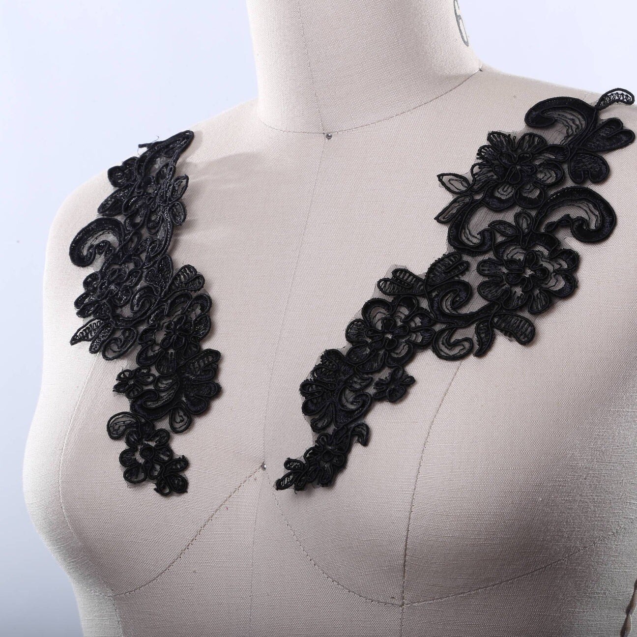 Black Alencon Lace Applique Pair with 9 X 3 Inch Mirrored Design