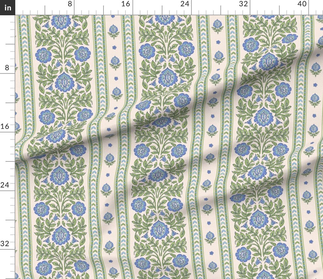 Various Fabrics by the Yard or Fat Quarter Indian Floral Blue Flowers Green Botanical Traditional Large Scale Stamped Stripes Custom Printed Fabric by Spoonflower