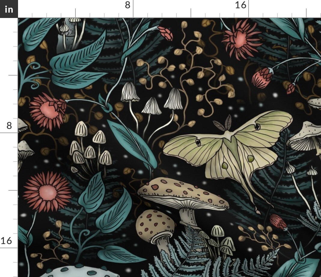 Whimsical Gothic Woodland Forest Luna Moth Mushrooms Botanical Floral Fern Magical Whimsigoth Fungi Large Scale Moody Nature Mushroom Toadstool Custom Printed Fabric by Spoonflower Various Fabrics by the Yard or Fat Quarter 15628708