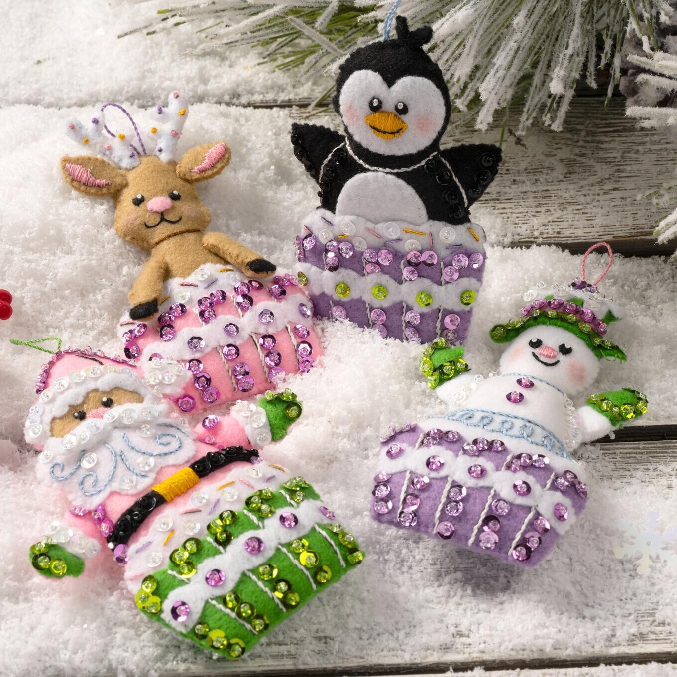 Bucilla Felt Ornaments Applique Kit Set Of 4-Snowman's Candy Confections