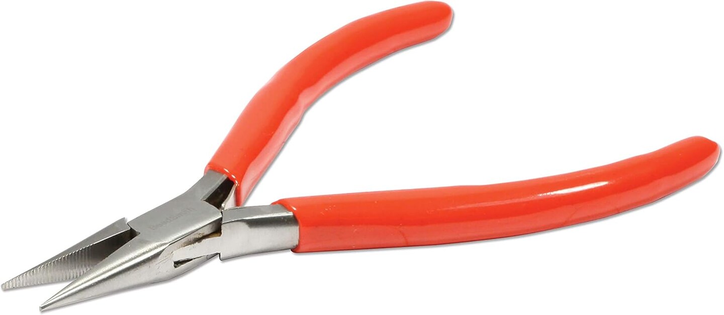 The Beadsmith Slim Line Chain Nose Pliers, with Polished Steel Head, red PVC Comfort Grip Handle with Double-Leaf Spring, Tool for Jewelry Making