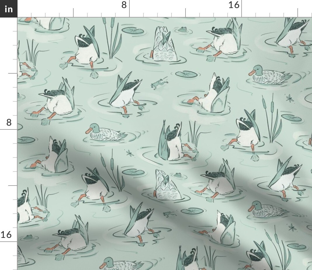 Quirky Whimsical Lake Duck Cabin House Cottage Animals Mallard Cattails Nature Lily Pad Water Playful Cabincore Cottagecore Novelty Blue Custom Printed Fabric by Spoonflower Various Fabrics by the Yard or Fat Quarter