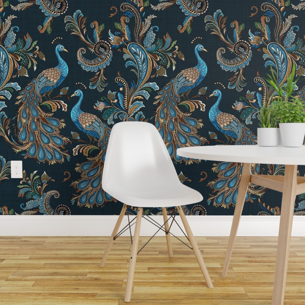 Peel &#x26; Stick Wallpaper 2FT Wide Art Nouveau Birds Feathers Peacock Blue Green Gold Brown Floral Paisley Botanical Custom Removable Wallpaper by Spoonflower