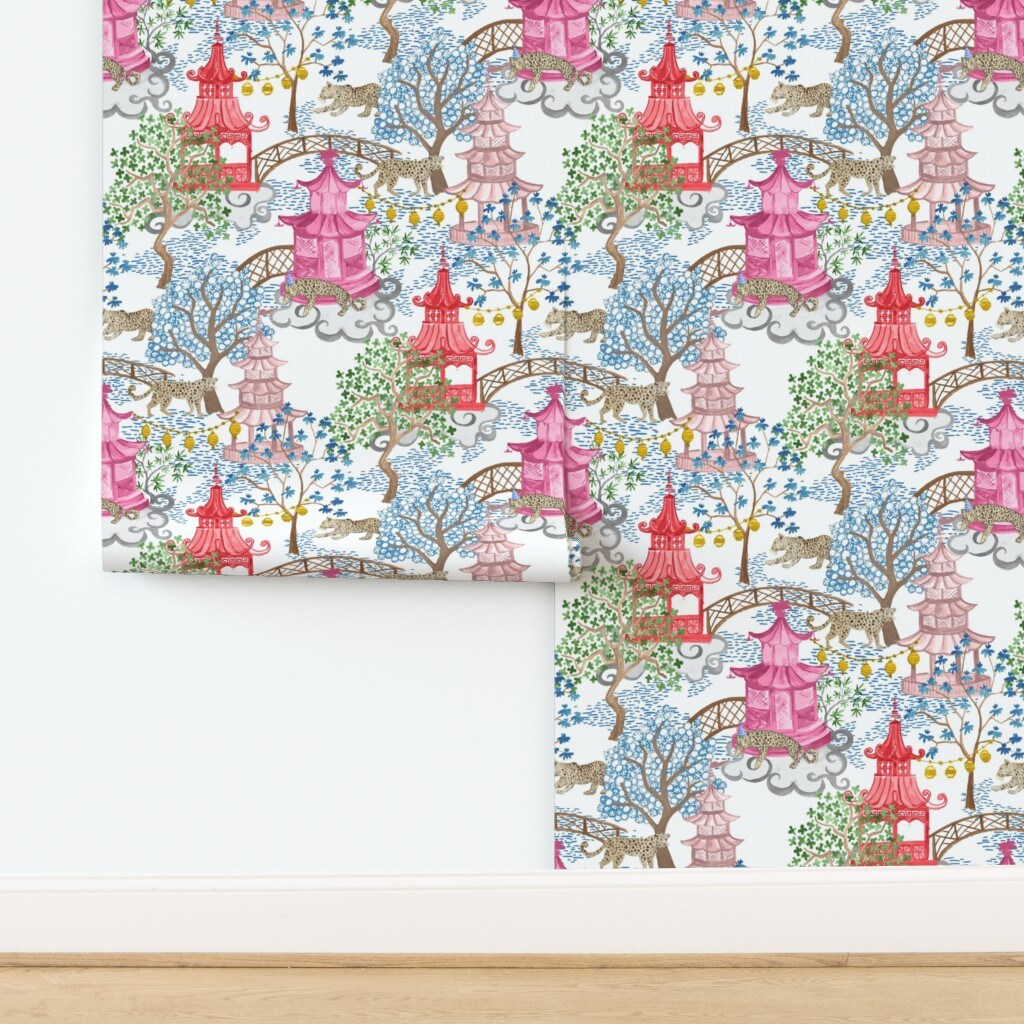 Bright Chinoiserie Colorful Leopards Watercolor Whimsical Asian Inspired Custom Removable Wallpaper by Spoonflower Peel & Stick Wallpaper 2FT Wide