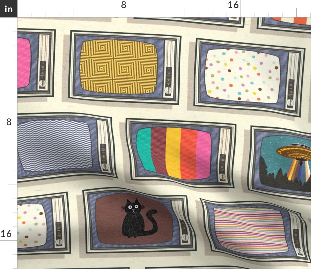 Retro Vintage Tv Novelty Media Television Ufo Dots Stripes Check Static Cat Lines Geometric Spaceship Colorful Eclectic Movie Video Game Custom Printed Fabric by Spoonflower Various Fabrics by the Yard or Fat Quarter