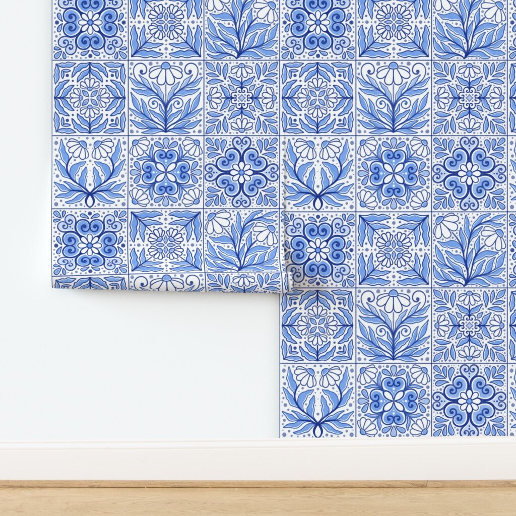 Faux Tile Floral Botanical Squares Patchwork Cheater Quilt Scandi Scandinavian Cottagecore Monochrome Blue And White Cottage Garden Daisy Custom Removable Wallpaper by Spoonflower Peel & Stick Wallpaper 2FT Wide