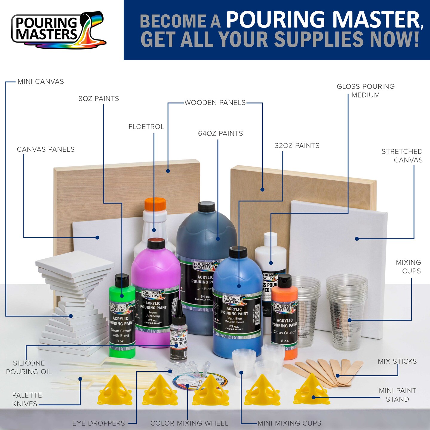 48-Color Ready-to-Pour Acrylic Pouring Paint Set: Premium Pre-Mixed, Silicone Oil &#x26; Gloss Medium, 2oz &#x26; 8oz Bottles, for Canvas, Wood &#x26; Crafts