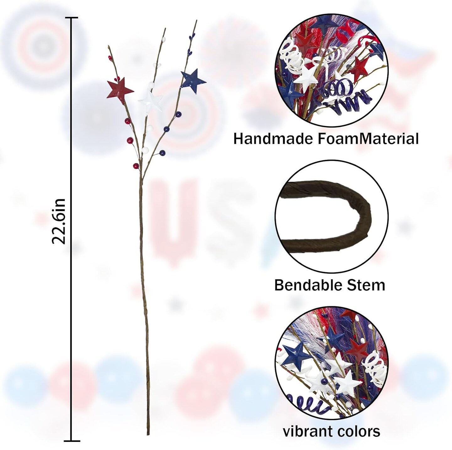 18 Pcs 4th of July Patriotic Decorations – Red, White & Blue Faux Floral Stems and Berry Picks with Star Accents for Independence Day & Memorial Day Party, Home, Office, and Vase Decor