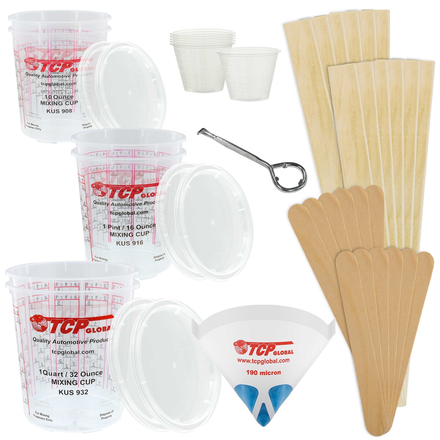 Epoxy Resin Paint Mixing Cups Plastic Liquid Measuring Essentials Supplies Kit - Disposable Plastic, Lids, Paint Sticks, Mini Mixing Paddles, Auto Paint Strainers &#x26; Paint Can Opener