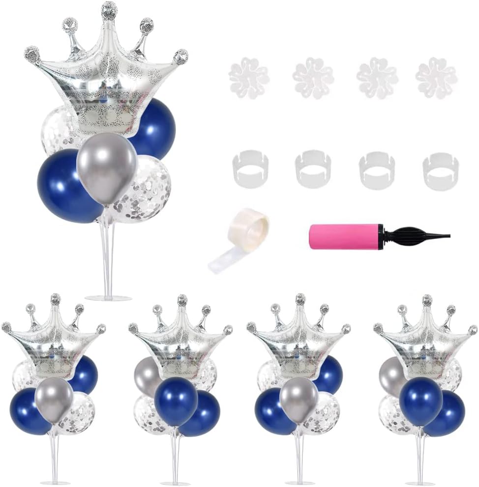 Table Centerpiece Balloons Stand Kit Include Blue Silver Latex Confetti Balloons and Foil Crown Balloon for Birthday Baby Shower Graduation Anniversary Table Party Decorations