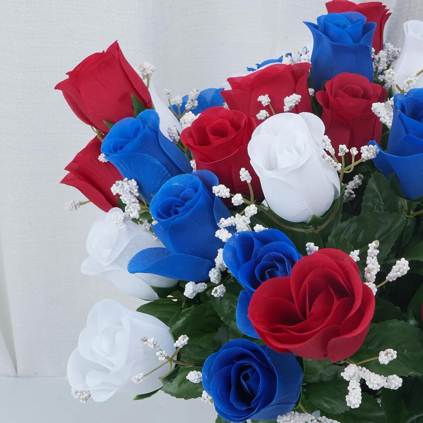 4 bundle set of artificial rosebud stems in red white and blue featuring 9 stems per bundle perfect for patriotic memorial bouquets cemetery decorations and celebrations for Memorial Day Veterans Day and Independence Day