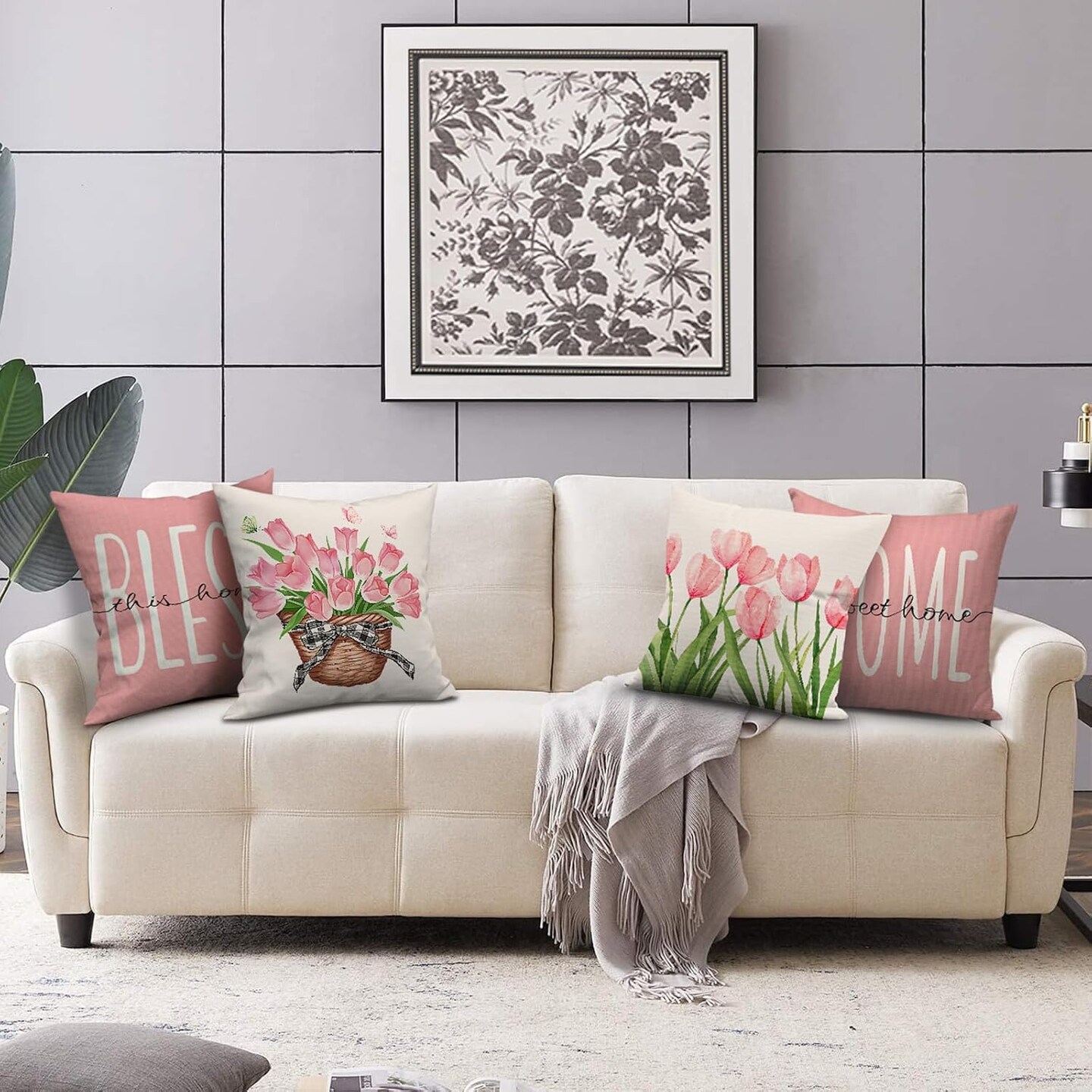 Pillow Covers 18x18 Set of 4 Tulip Home Sweet Home Pink Decorative Throw Pillow Cases Spring Summer Seasonal Decorations for Sofa Couch Farmhouse Home Decor