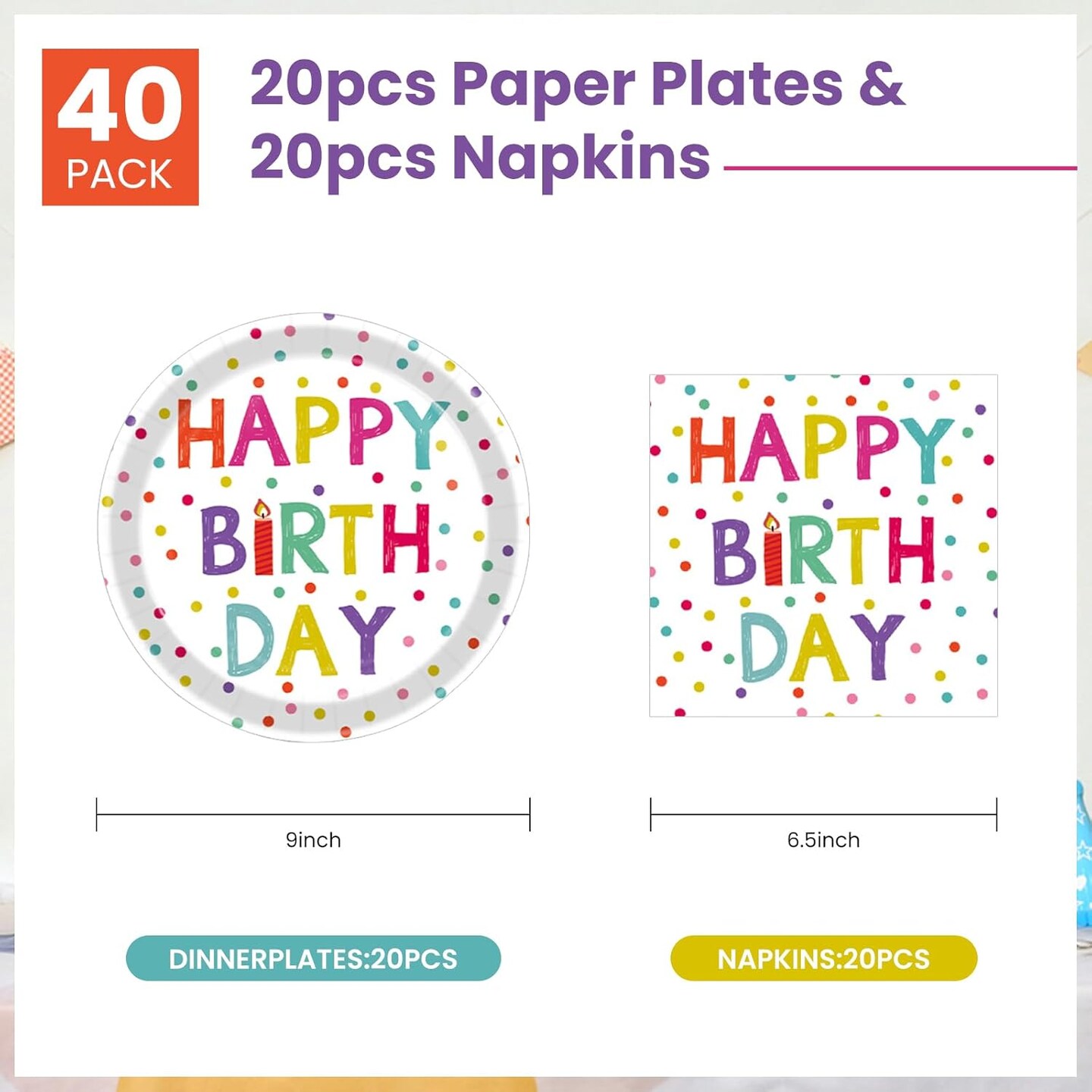 40 Pcs Birthday Plates and Napkins Party Supplies, Disposable Happy Birthday Plates and Napkins Dots Design Tableware Set for Birthday Party Decorations Serves 20