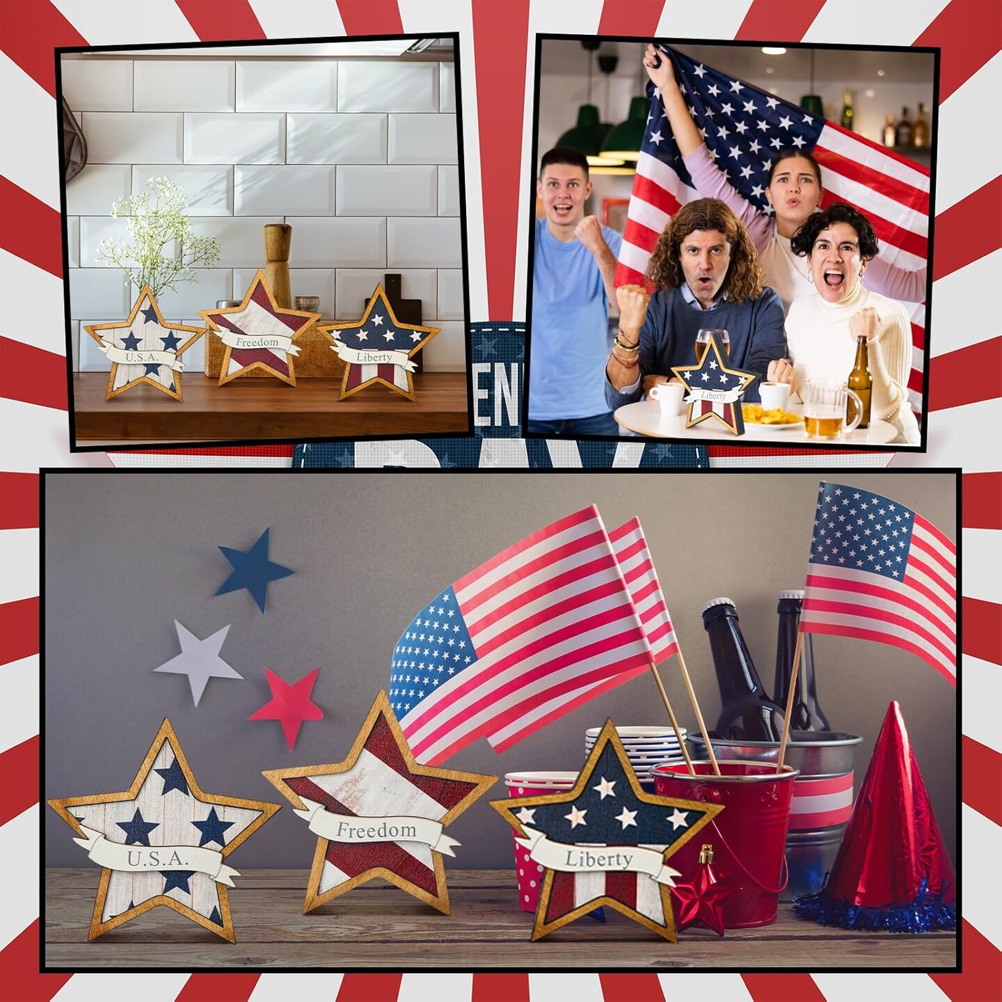 3 Pcs 4th of July Table Star Signs Tiered Tray Decorations Tabletop Decorations