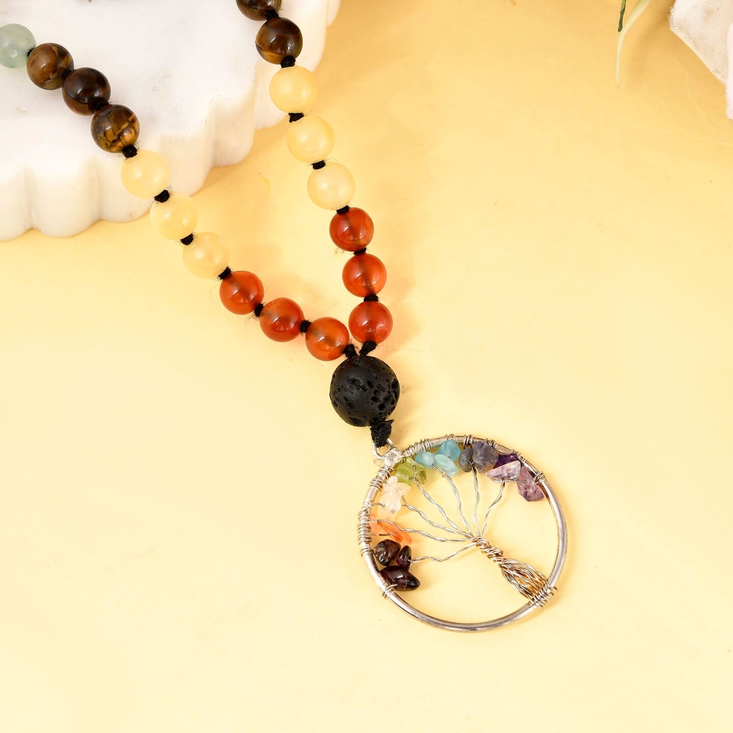 108 Mala Beads Necklace 7 Chakra Tree of Life Lava Rock Stone Natural Healing Crystal Gemstones Yoga Meditation Japa Mala Beaded Life Tree Pendant Hand Knotted Prayer Beads Rosary Jewelry