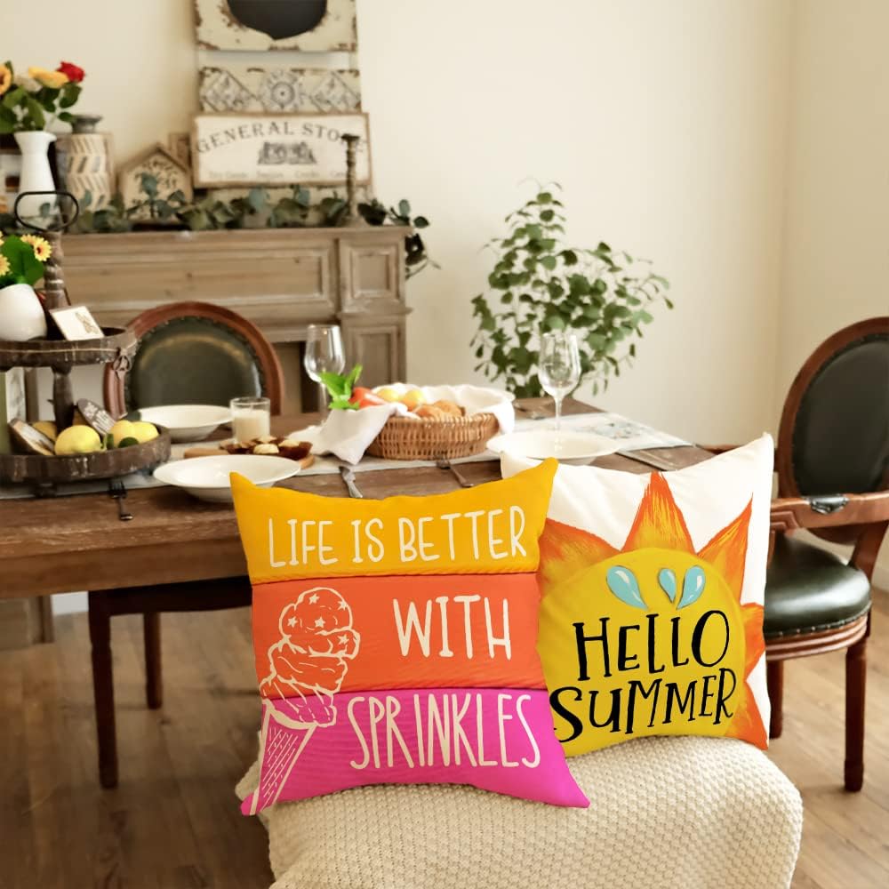 Summer Pillow Covers 18x18 Inch Set of 4 Popsicle Ice Cream Pillows Decorative Throw Pillows with Says Fun in The Sun Summer Decorations Farmhouse Decor Cushion Case for Sofa Couch G283-18