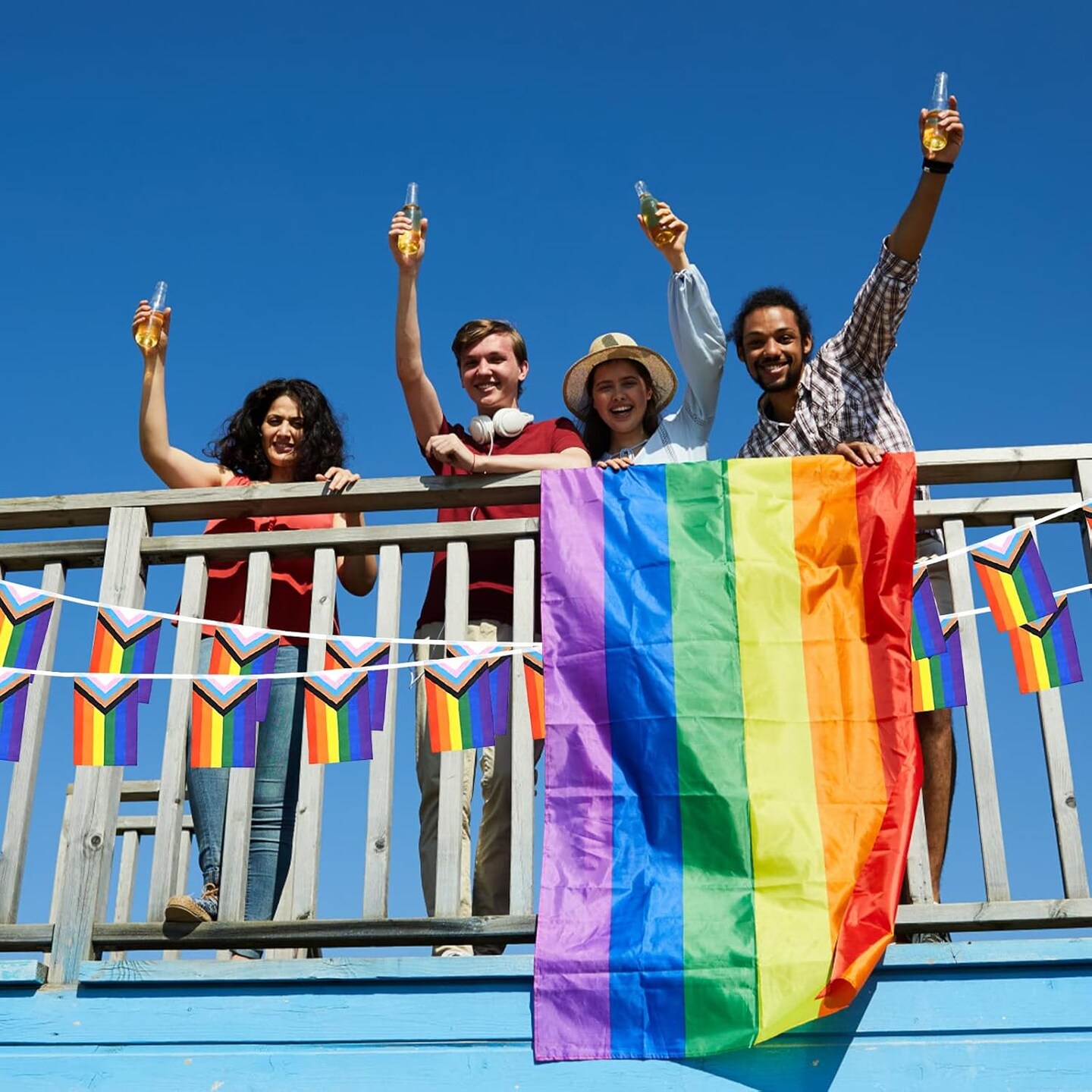 32.8ft 38 Pcs Progress Pride Pennant Flags Banner,Gay LGBTQ Rainbow Pride Banner Flag, Colorful Stripes Bunting Banner for Pride Decorations, Pride Month, Party, Restaurants, Garden Decor