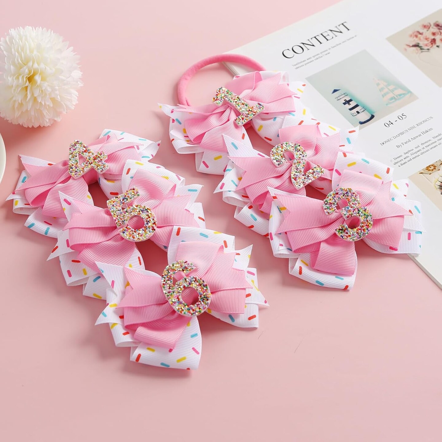 Birthday Hair Bow for Baby Girls 1 2 3 4 5 6 Years Sprinkle Decorations Confetti Ice Cream Party Pink Hair Accessories for 6th Birthday