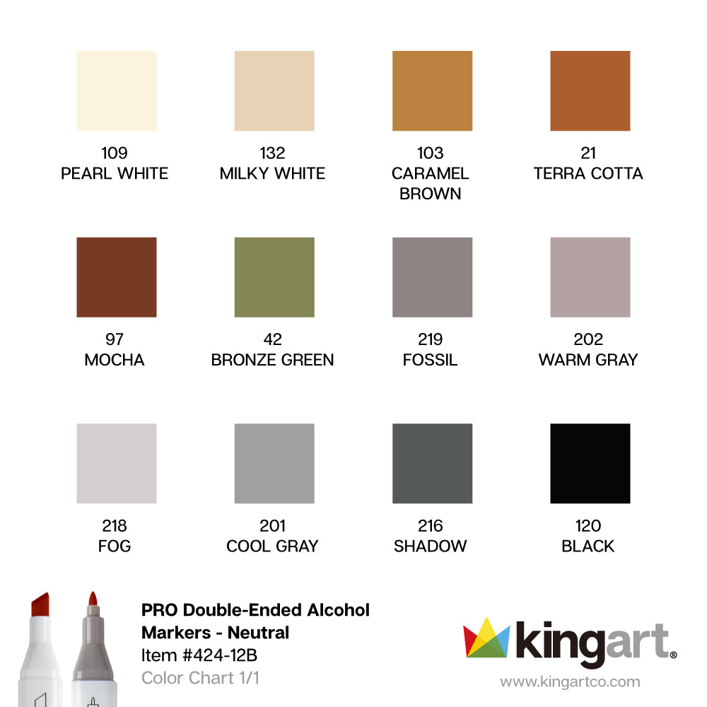 KINGART® PRO Double-Ended Art Alcohol Markers, 12 Neutral Palette Colors with Both Fine & Chisel Tips and Superior Blendability