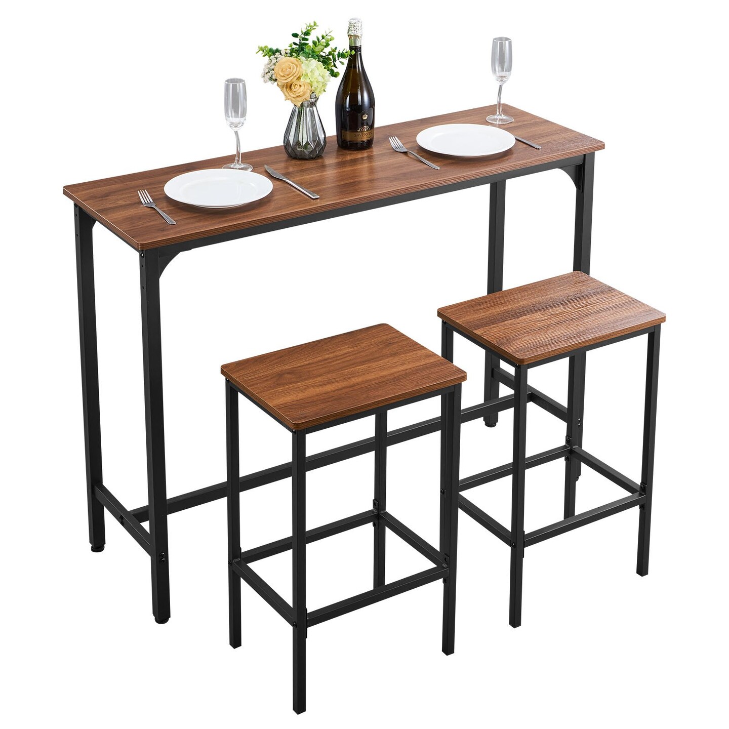 Rustic Brown 3-Piece Bar Table Set with Two Stools for Mini Bars
