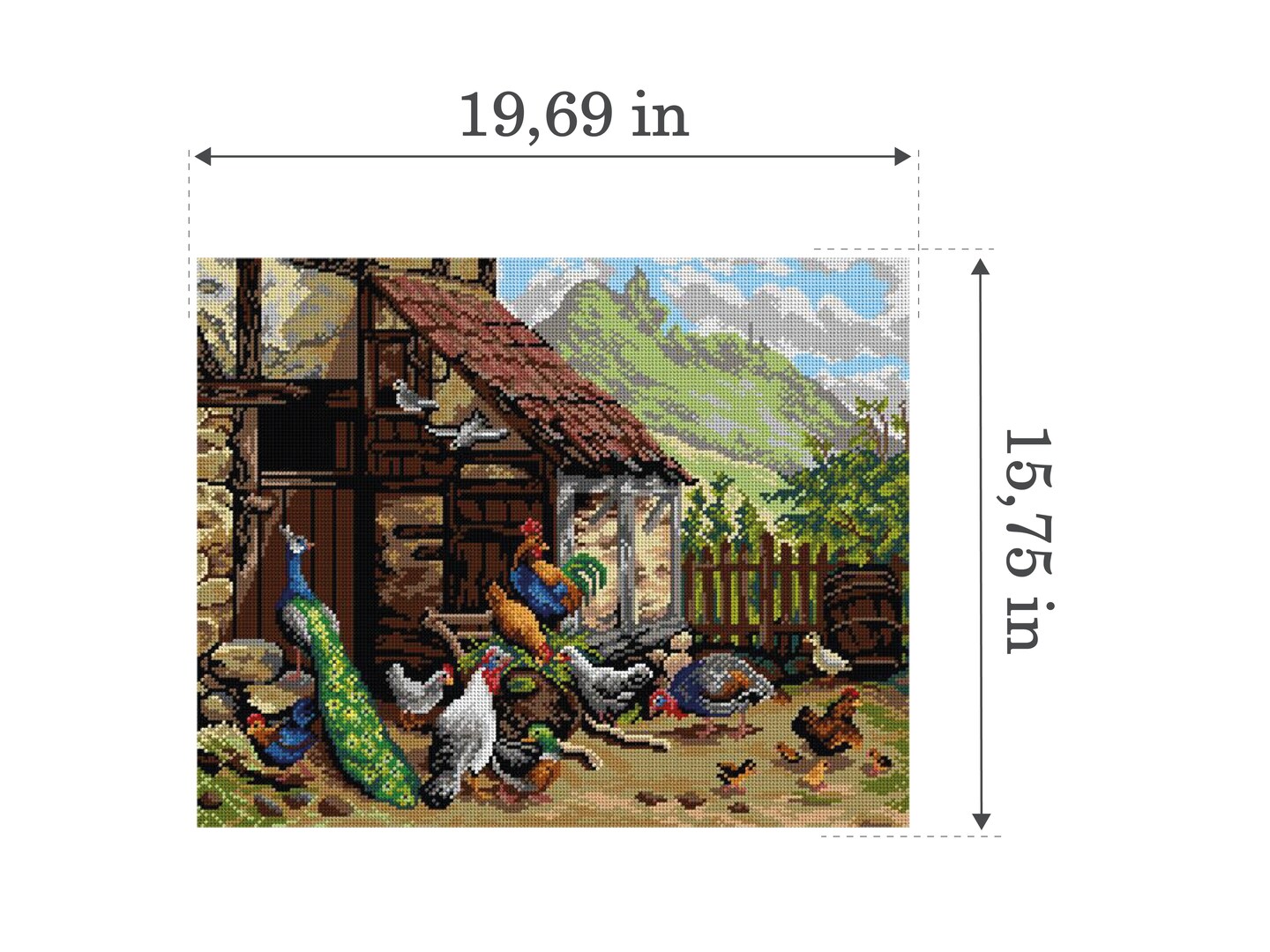 Gobelin canvas for halfstitch without yarn after Carl Jutz - Chickens and Peacock in the Yard