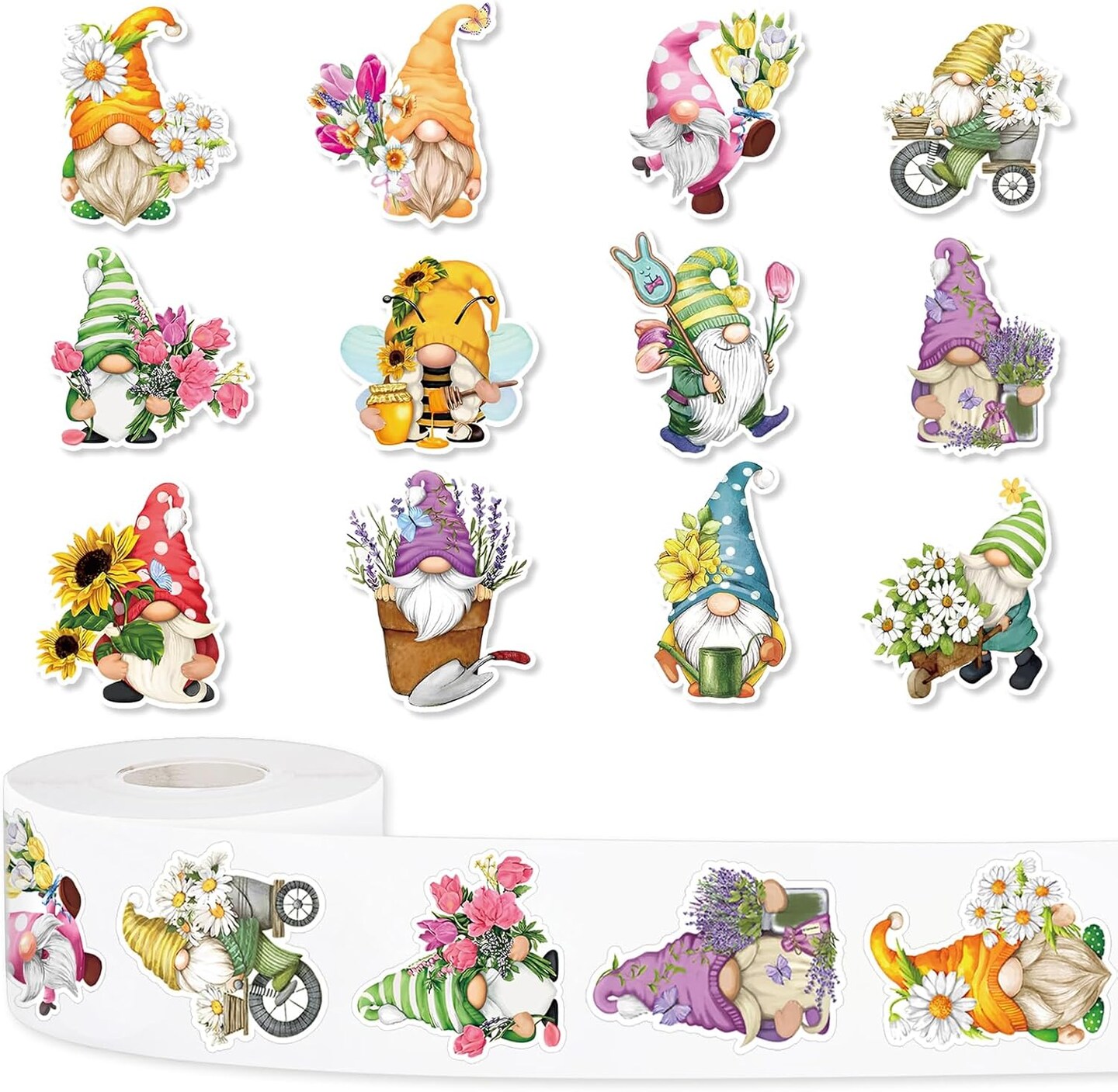 1000Pcs Spring Gnome Stickers 12 Designs Floral Gnome Decals Cute Adhesive Sealing Labels for Birthday Baby Shower Grocery Baking Bag Party Favor Supplies, 2 Rolls