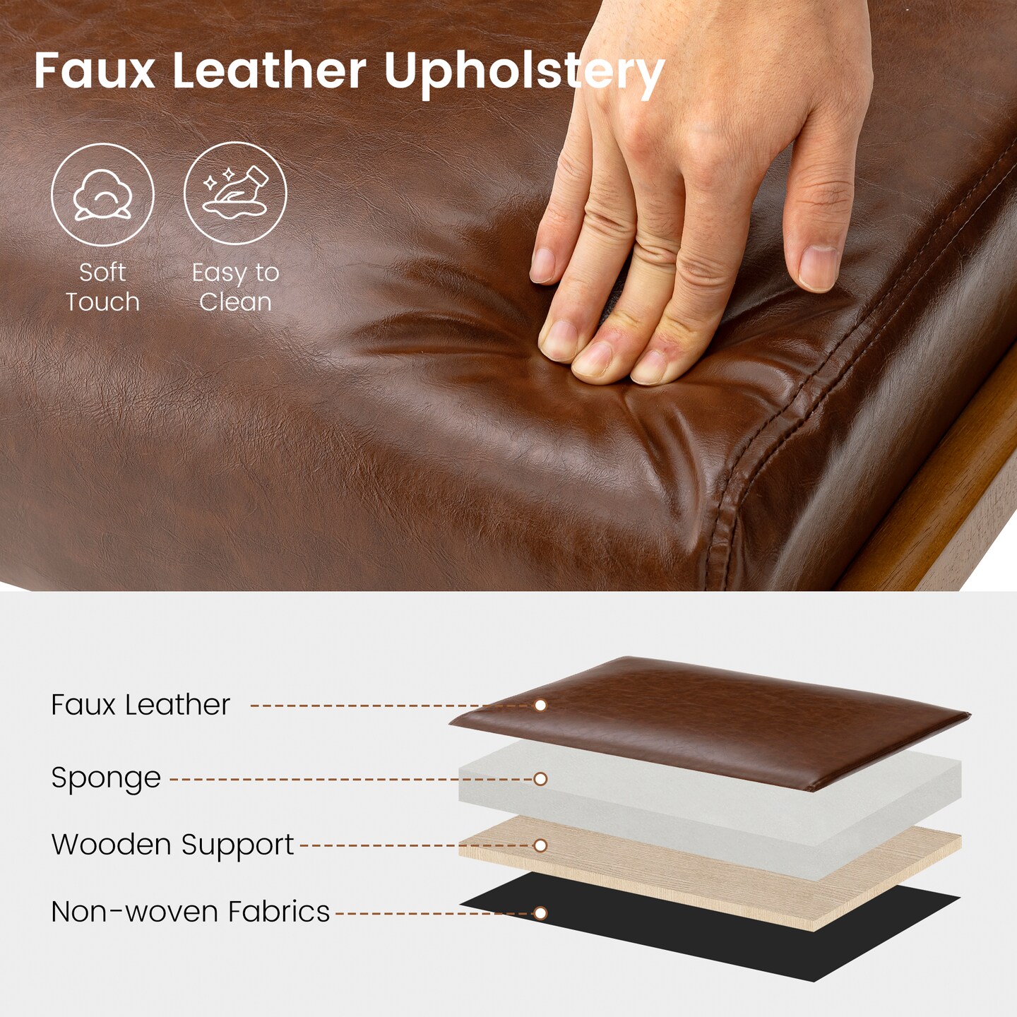 Mid-century Modern Leatherette Accent Stool with Walnut Rubberwood Legs