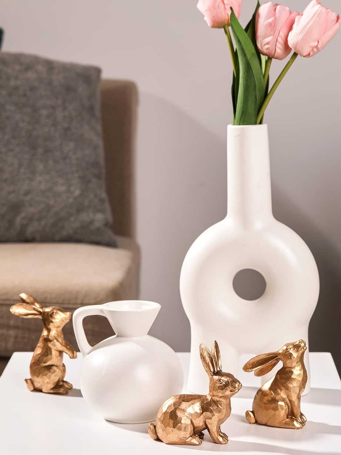 Set of 3 Golden Polyresin Bunny Figurines – Easter Rabbit Statues for Spring Tabletop, Shelf, and Home Decor