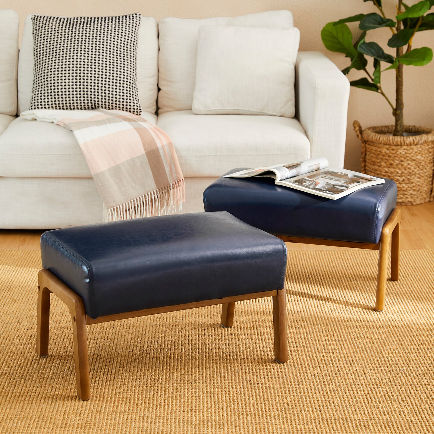 Mid-century Modern Leatherette Accent Stool with Walnut Rubberwood Legs