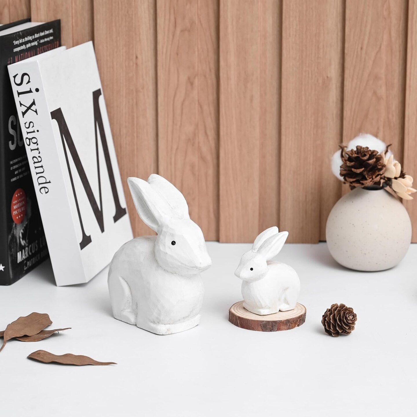 Wooden Rabbit Decor, White Bunny Decor Rabbit Figurines Set of 2