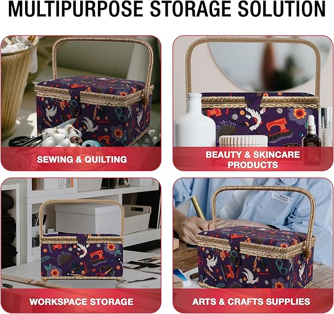 Sewing Basket with Sewing Kit, Needles, Thread, Scissors, and Notions- Purple