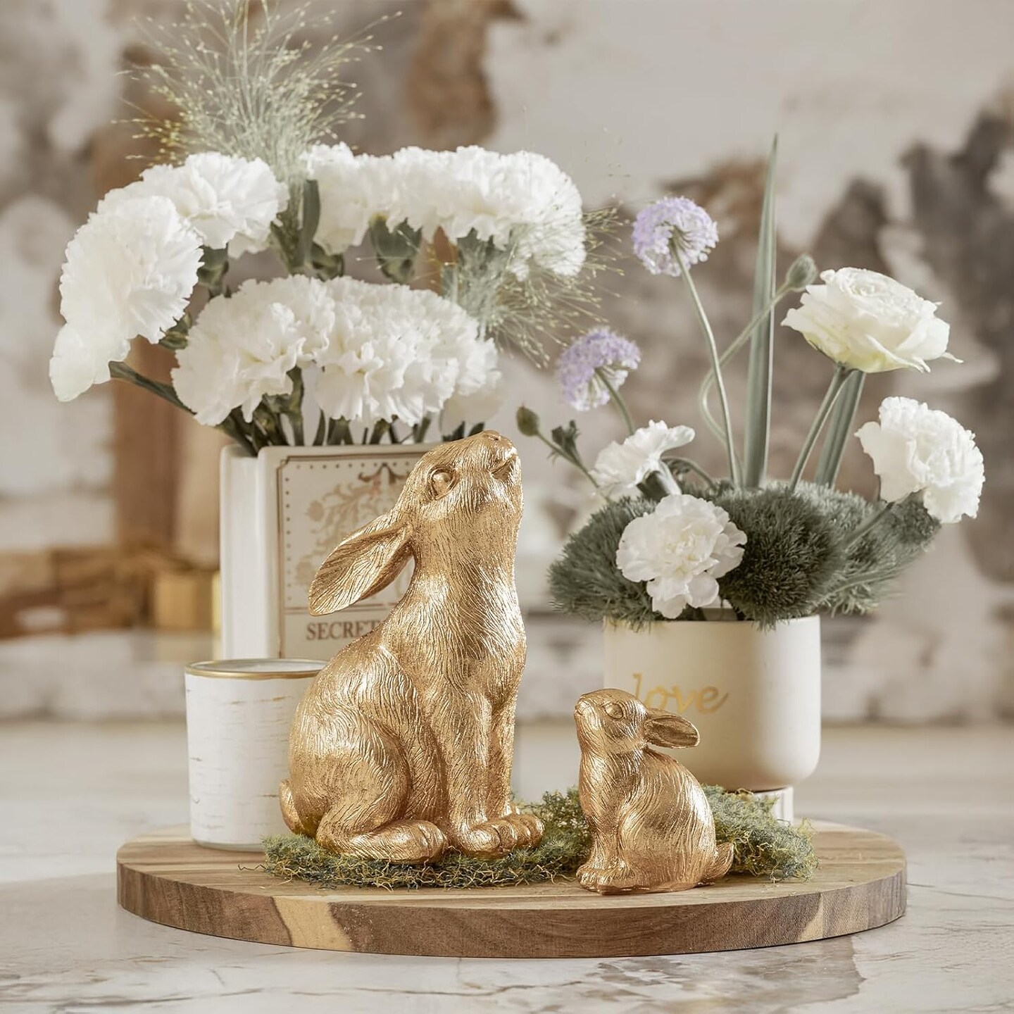 Set of 2 Easter Bunny Figurines, Gold Home Decor Resin Rabbit Statue
