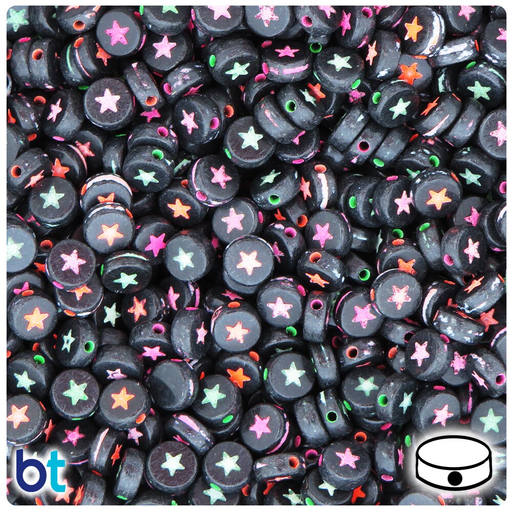 BeadTin Black Opaque 7mm Coin Plastic Alpha Beads - Colored Stars (250pcs)