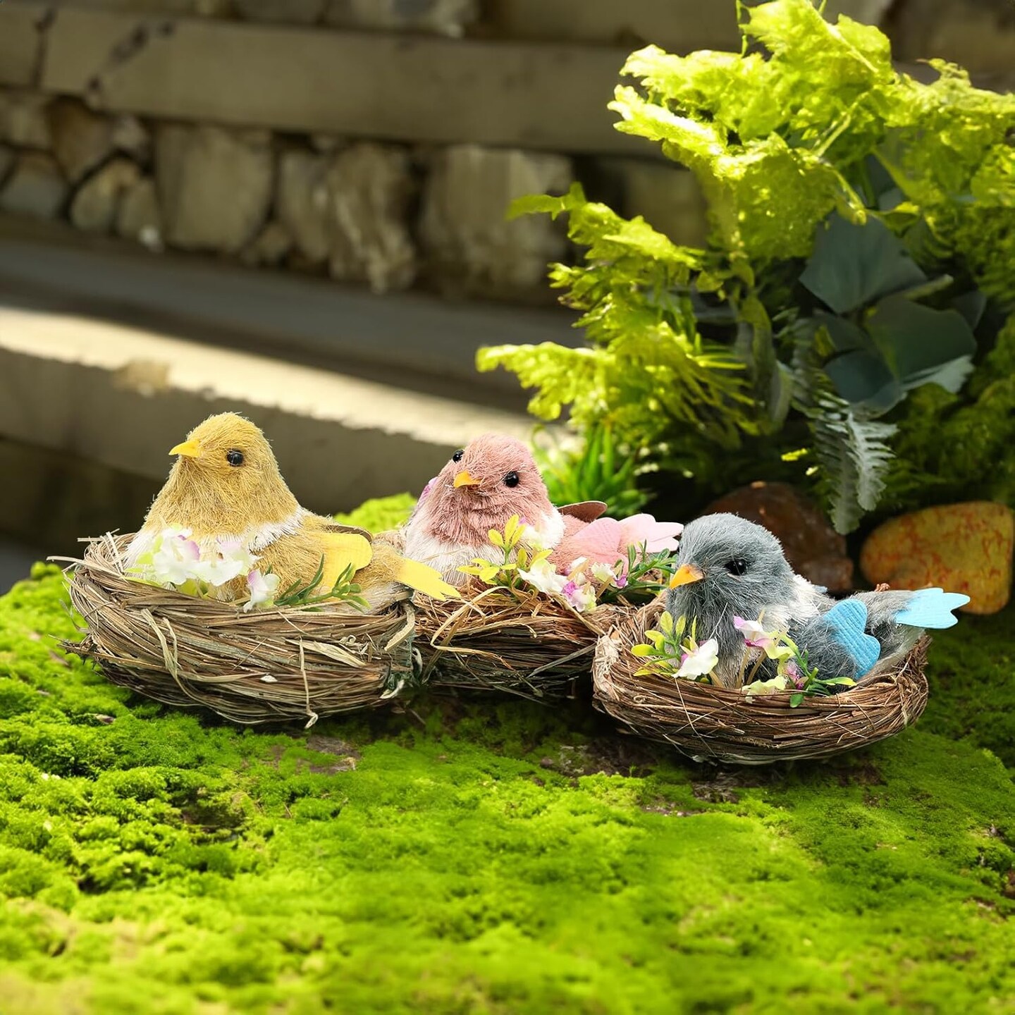 Sisal Bird Nest Easter Decor,Set of 3 Lifelike Birds Nest Figurines for Spring Home Decor