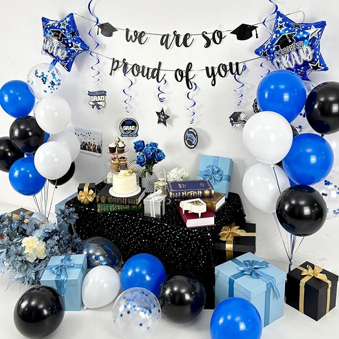 Graduation Balloons Set Class of 2026, Black and Blue Graduation Decorations We Are So Proud of You Banner Star Foil Latex Balloon and Hanging Swirls for Congrats Grad Balloons Party Decor